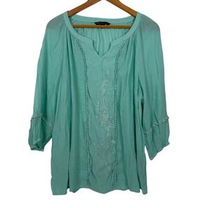 Zac & Rachel Blouse Women 2X Mint Green Boho Embroidered Pom Pom Peasant Top